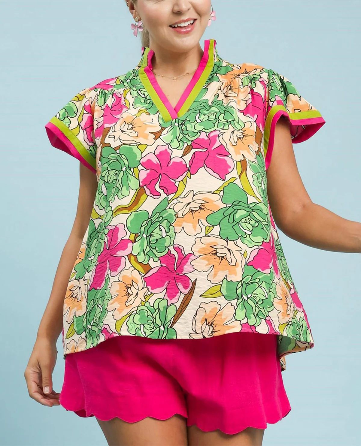Umgee Floral Print Top With Contrast Trim - Image 3
