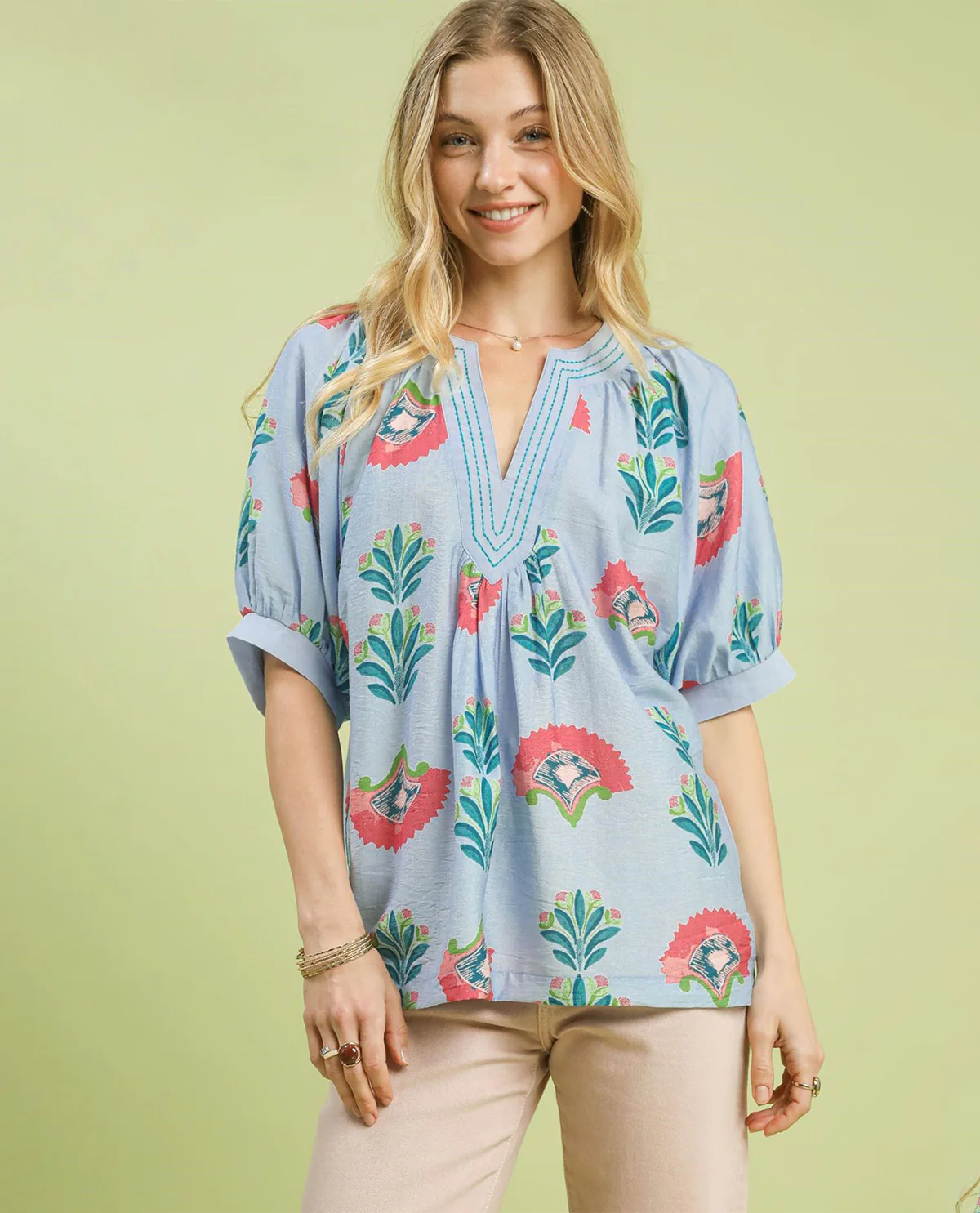 Umgee Print Top With Contrast Stitch Lt Blue - Image 2