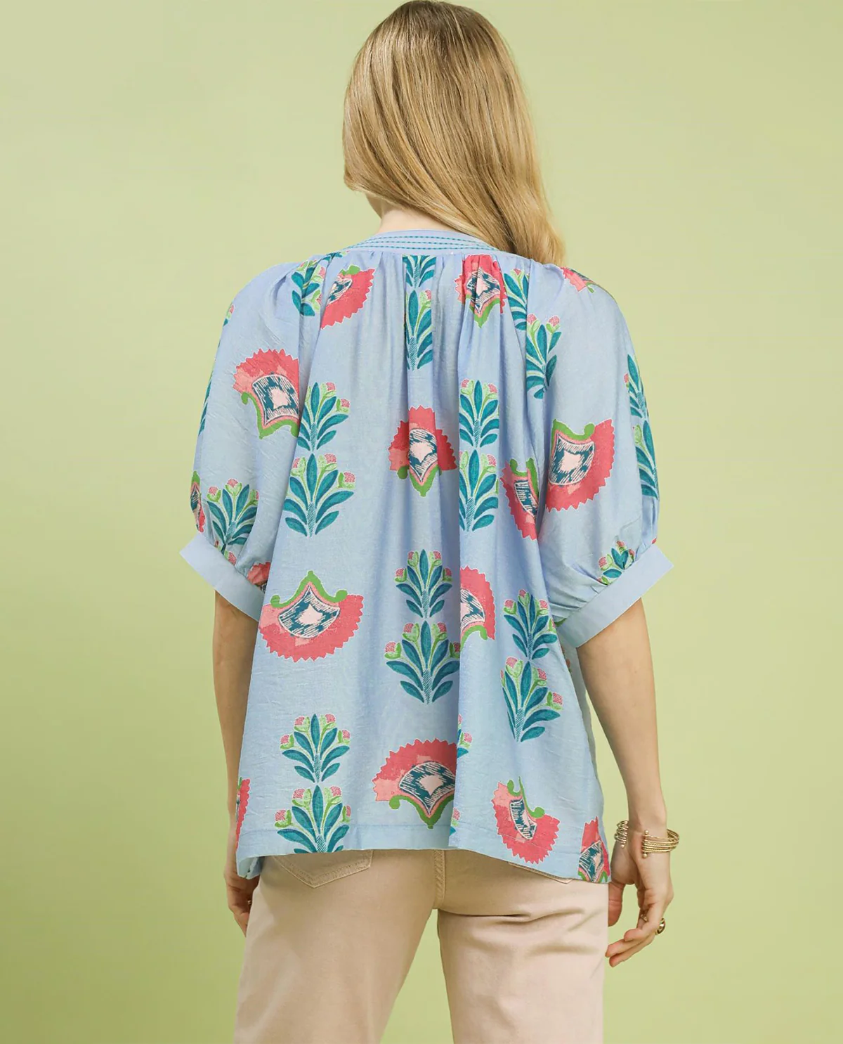 Umgee Print Top With Contrast Stitch Lt Blue - Image 3