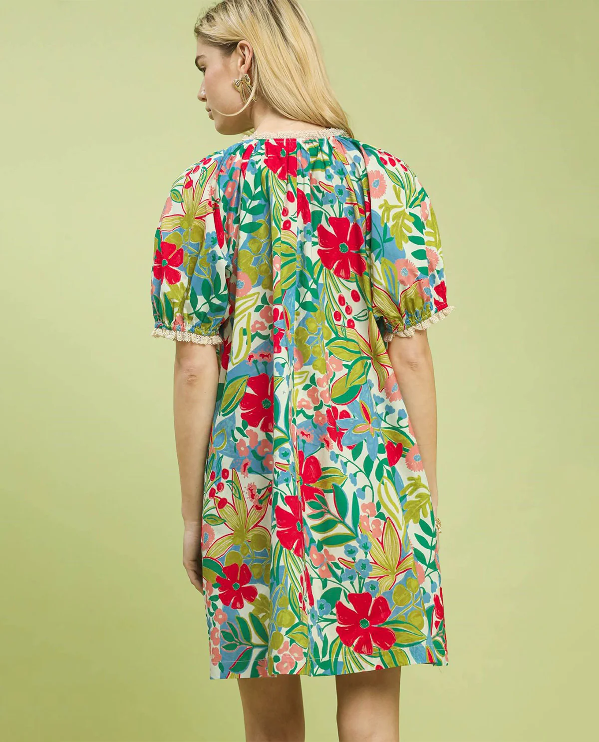 Umgee Print V-Neck Dress With Lace Trim Cream - Image 3