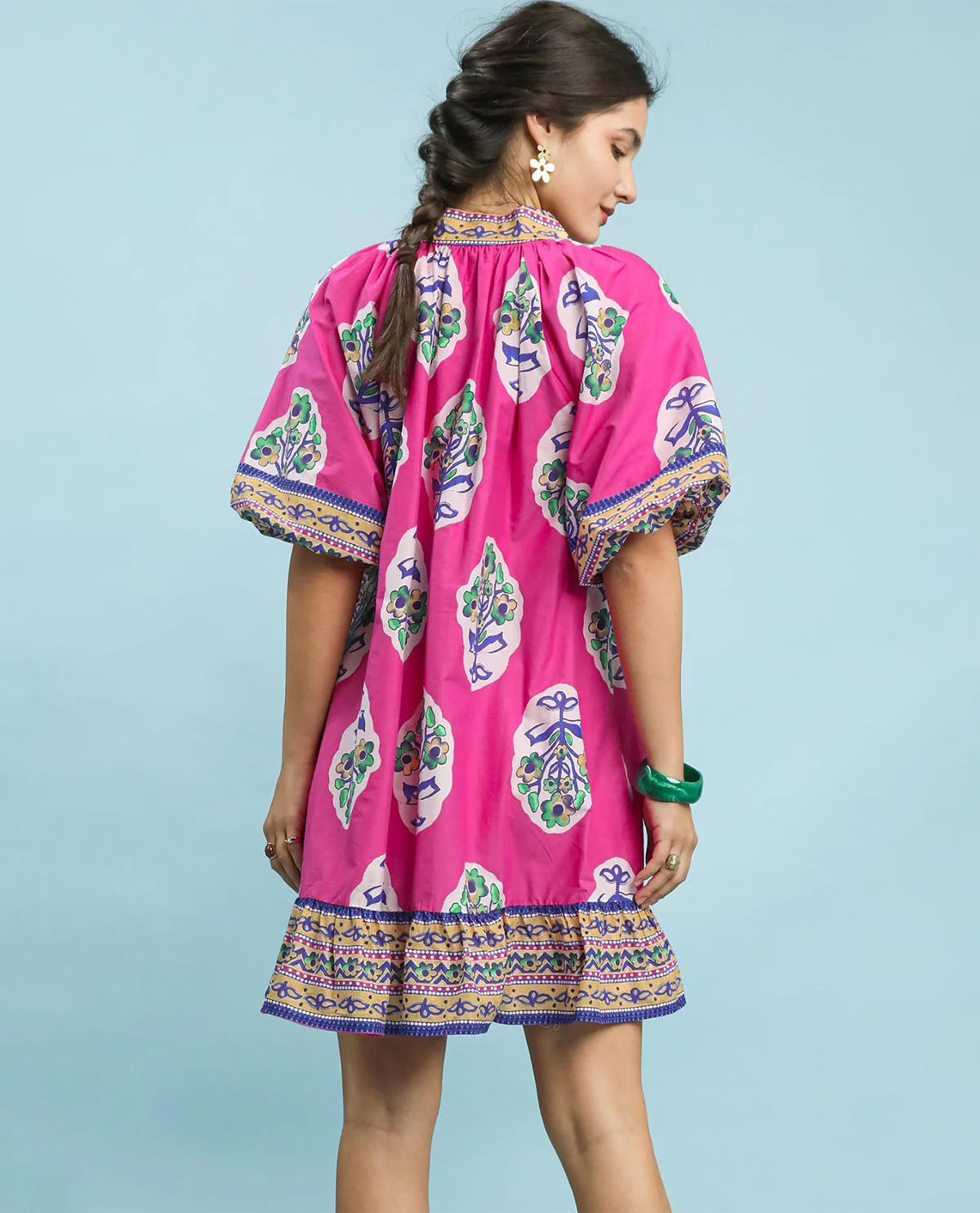 Umgee Flower Print V-Neck Dress With Short Wide Sleeves Fuchsia - Image 3