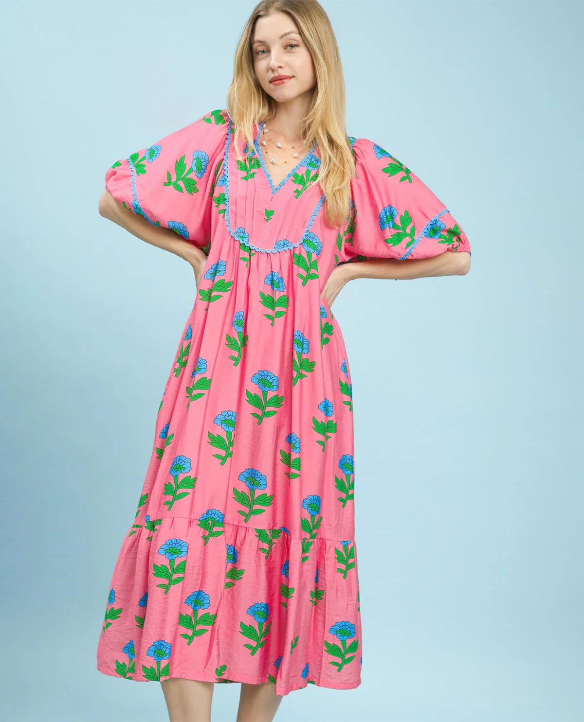 Umgee Print V-Neck Long Dress - Image 2