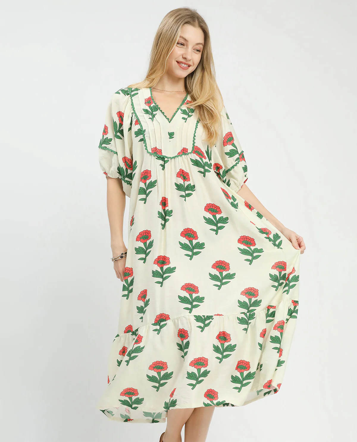 Umgee Print V-Neck Long Dress - Image 4