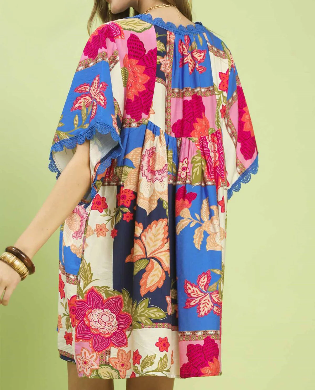 Umgee Print V-Neck Dress with Lace Blue - Image 3