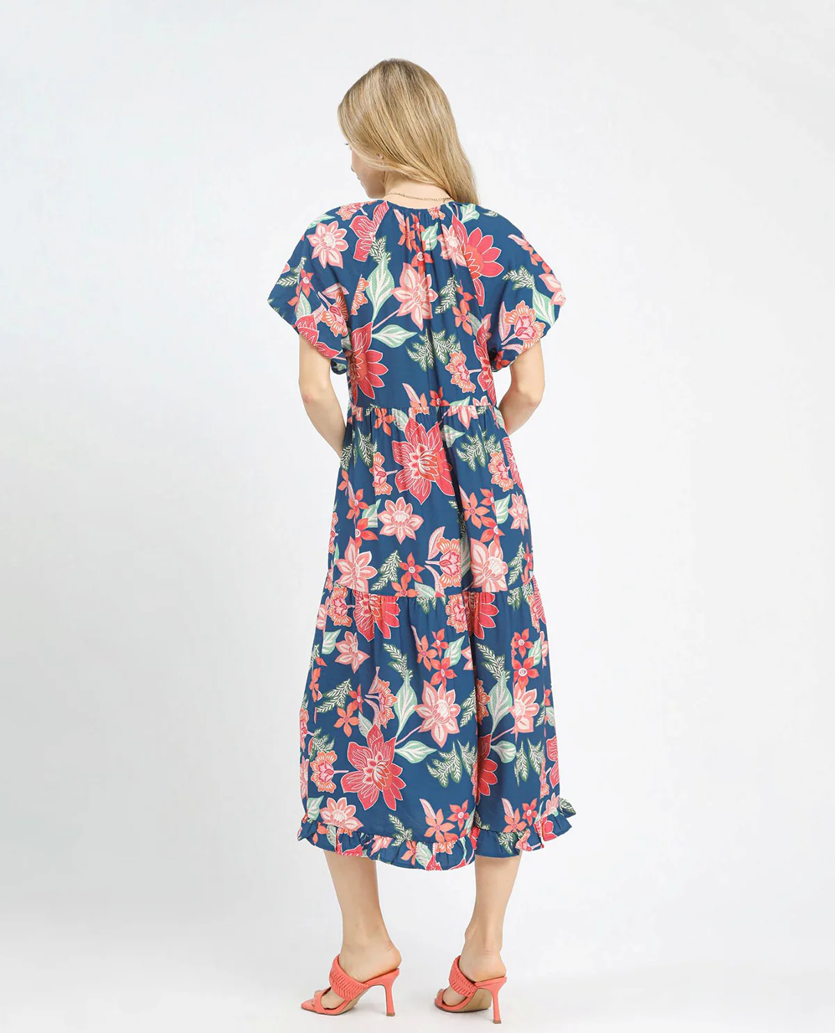 Umgee Floral Print V-Neck Tiered Dress Navy - Image 2
