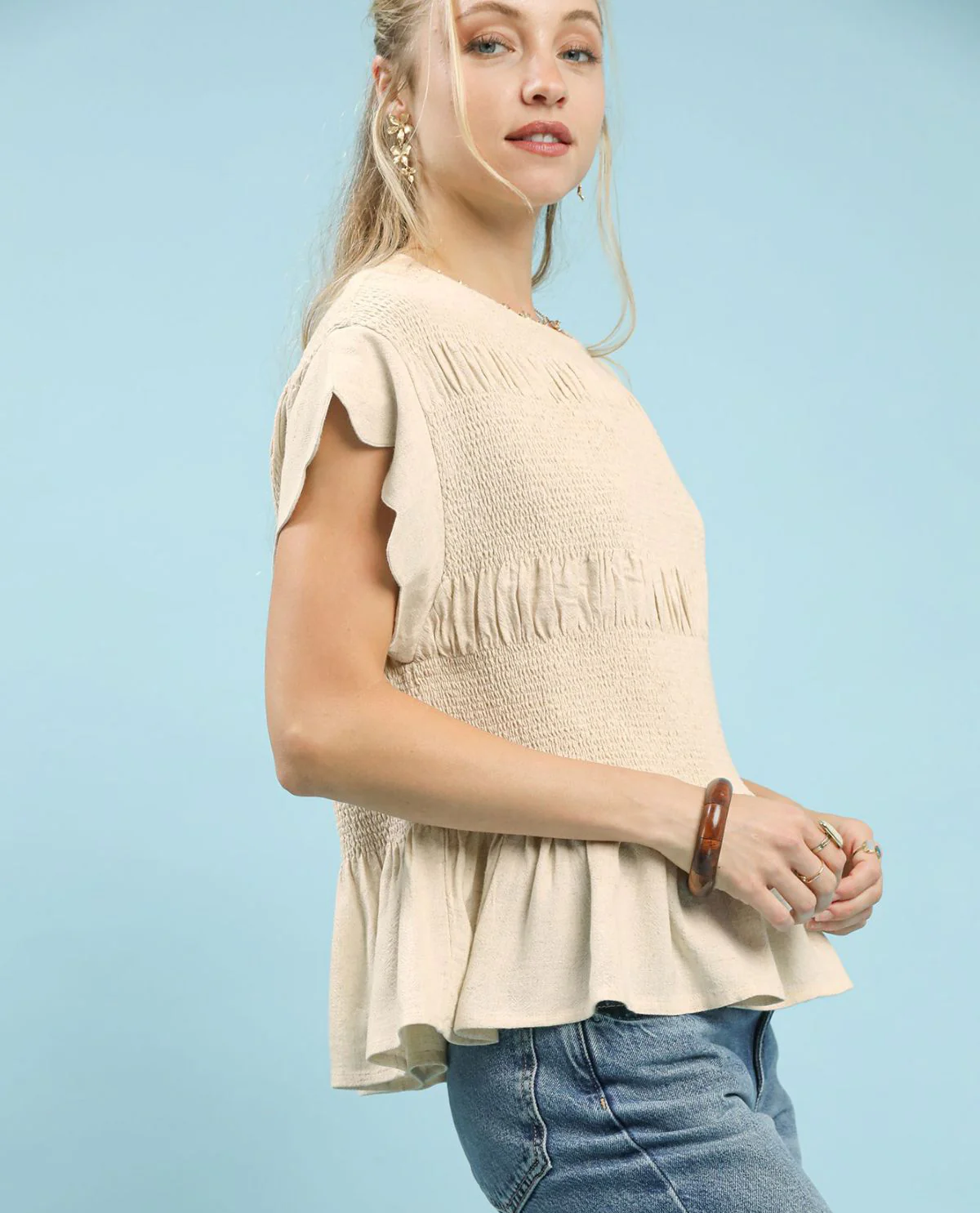 Linen Blend Smocked Peplum Top with Short Scallop Edge Sleeves - Image 2