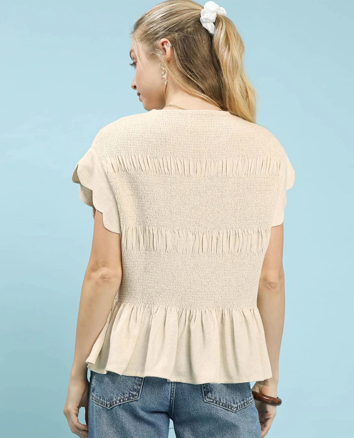 Linen Blend Smocked Peplum Top with Short Scallop Edge Sleeves - Image 4