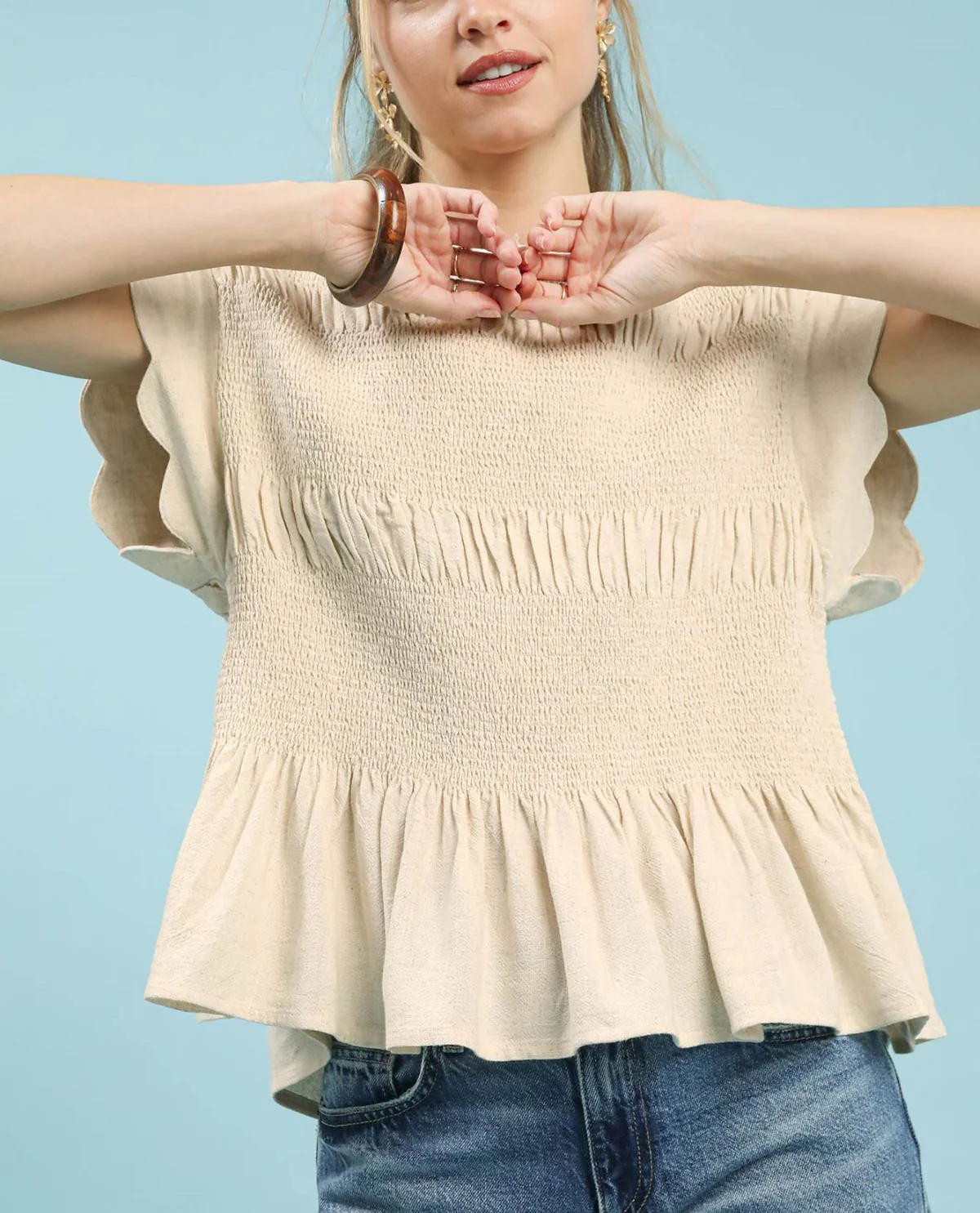 Linen Blend Smocked Peplum Top with Short Scallop Edge Sleeves - Image 5