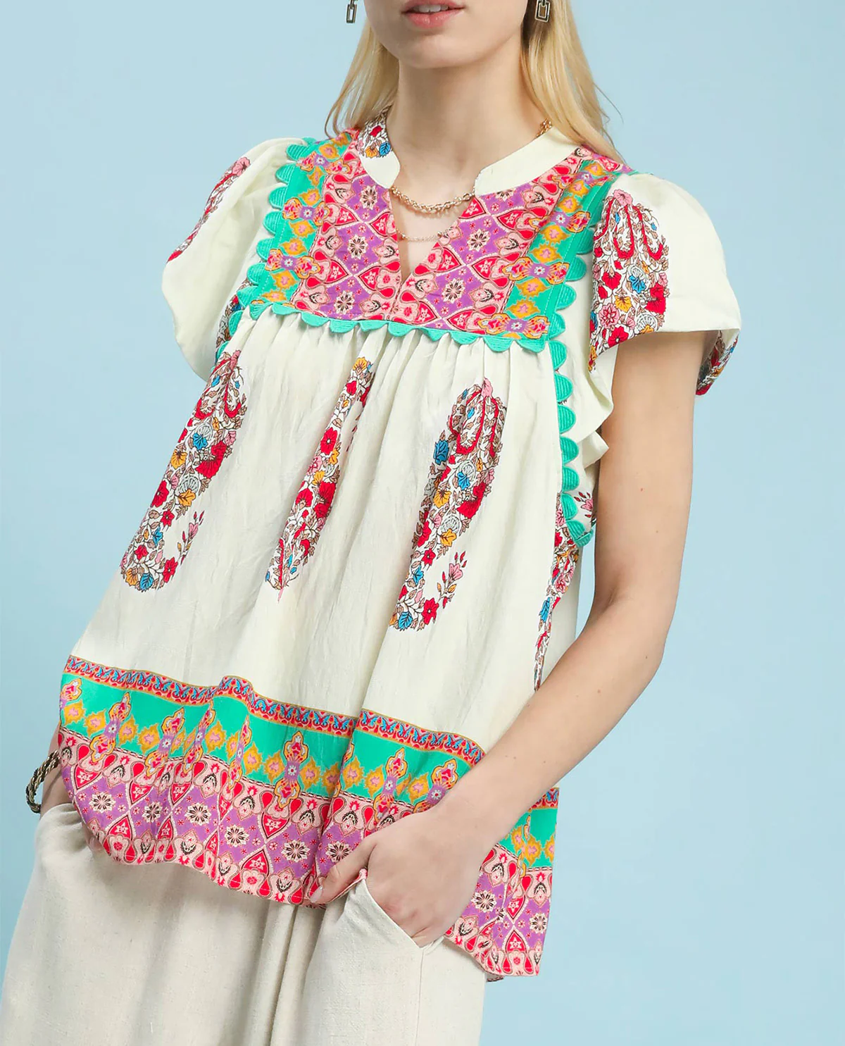 Umgee Slit Neck Print Top - Image 5