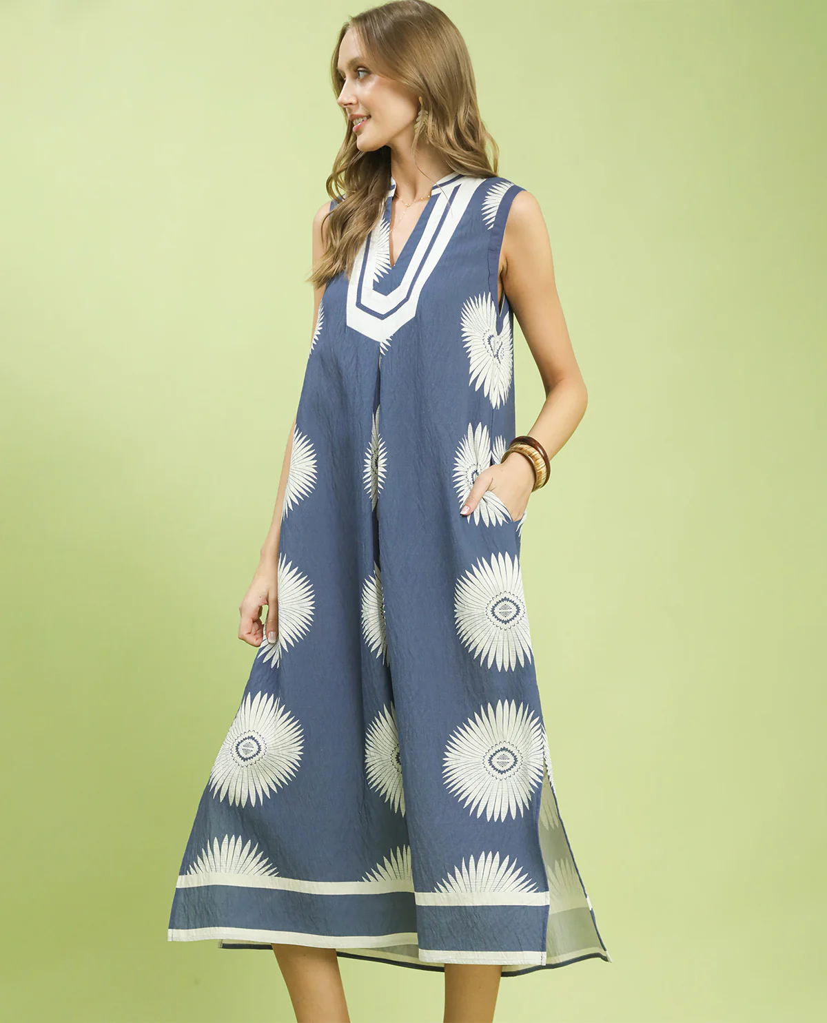 Umgee Sleeveless Geometric Print Dress Denim Blue - Image 2