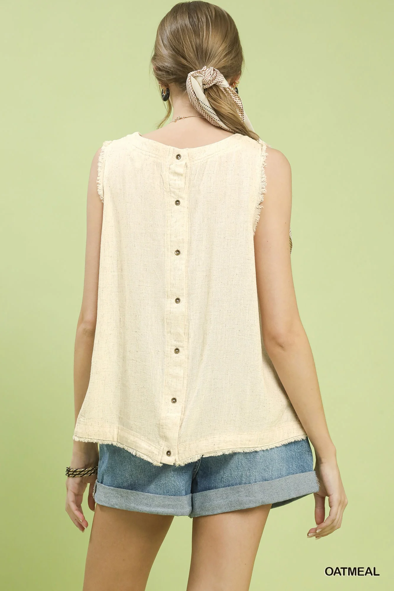 Umgee Sleeveless Solid Linen Top Oatmeal - Image 2
