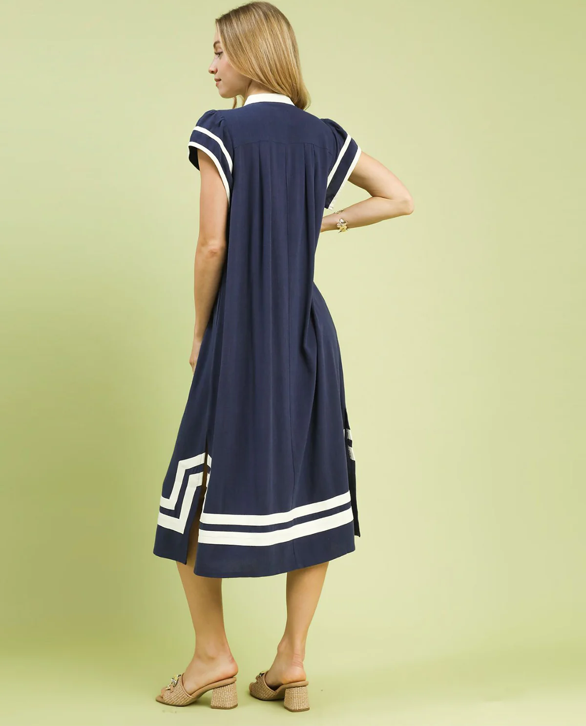Umgee Solid Linen Dress with Contrast Trim Navy - Image 3