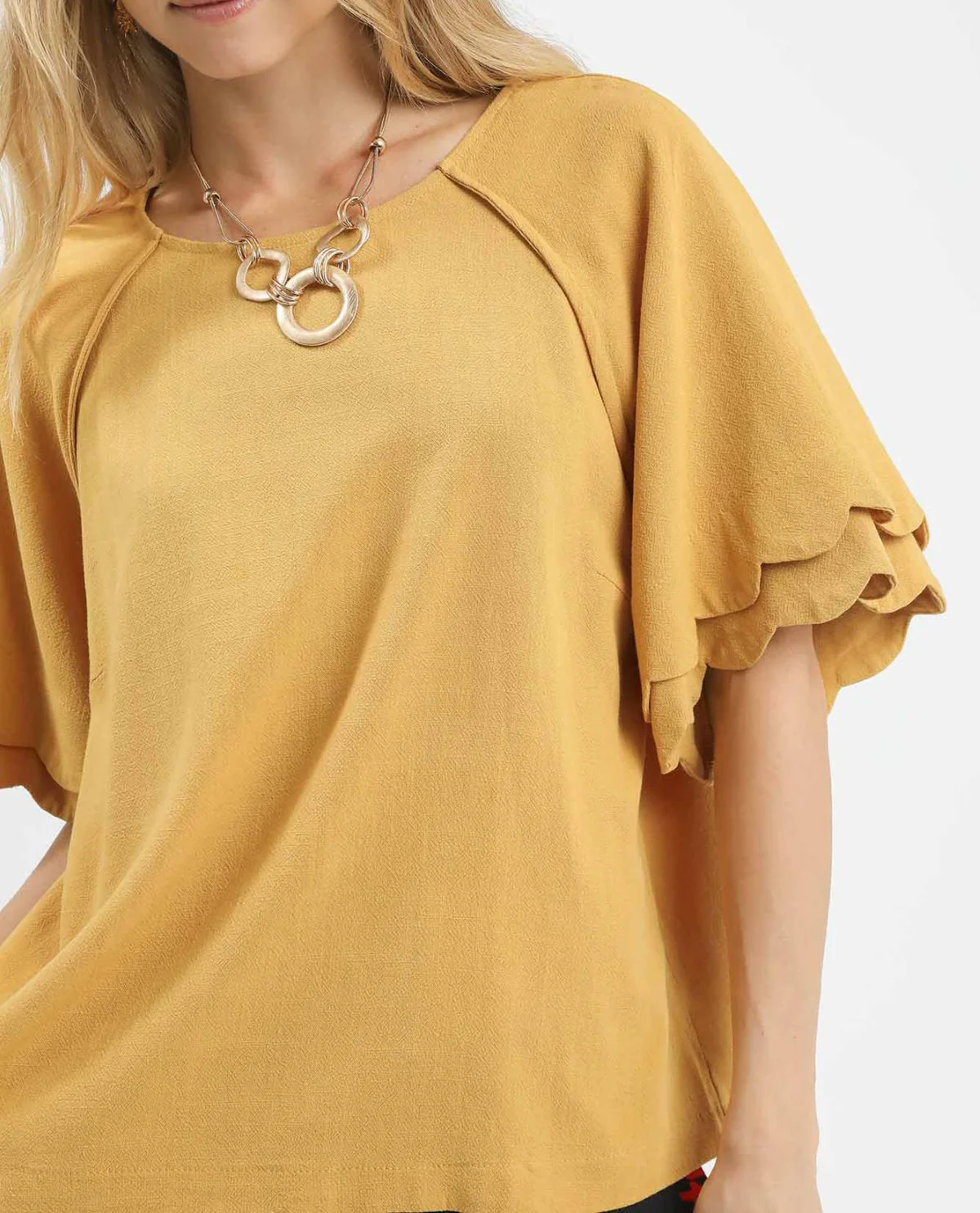 Linen Scallop Solid Ruffle Sleeve Top - Image 5