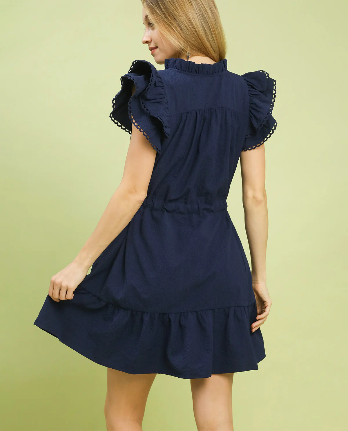 Umgee Solid Seersucker Tie Waist Dress Navy - Image 2