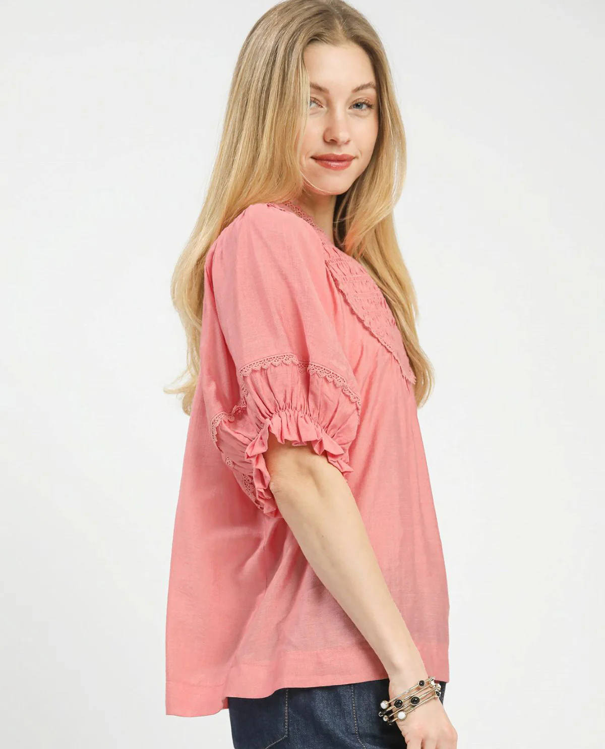 Umgee Solid Smocked Yoke Top with Ruffle Sleeves - Image 2