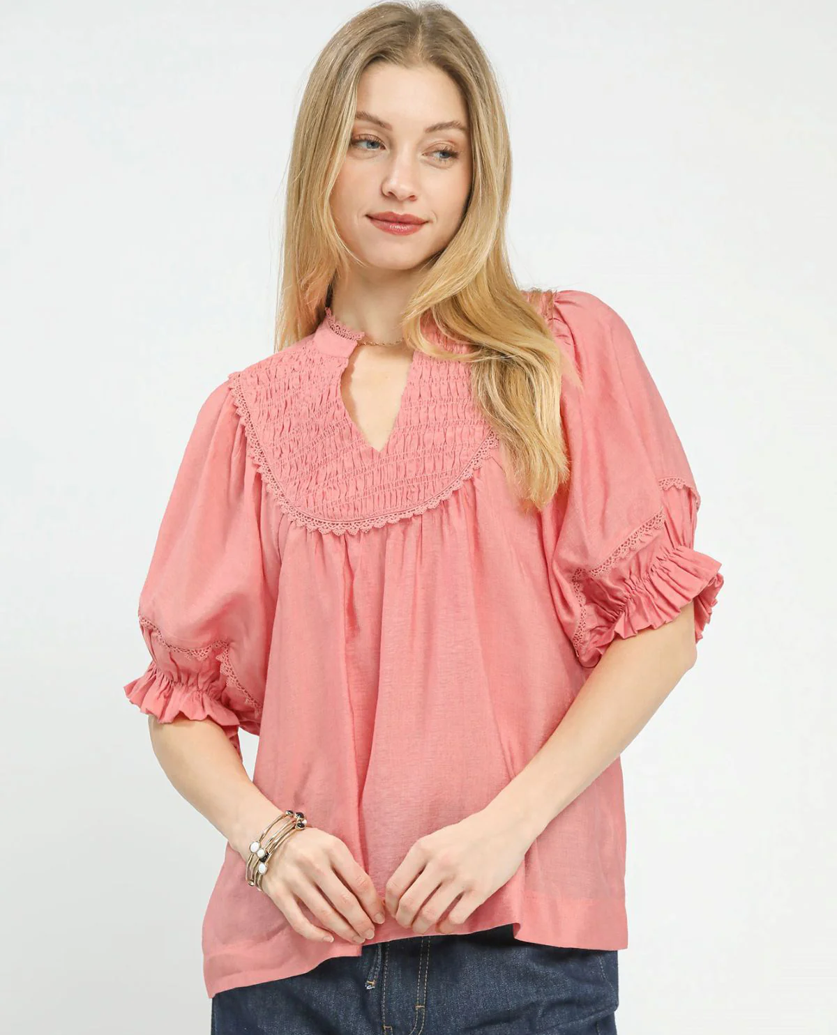 Umgee Solid Smocked Yoke Top with Ruffle Sleeves - Image 3