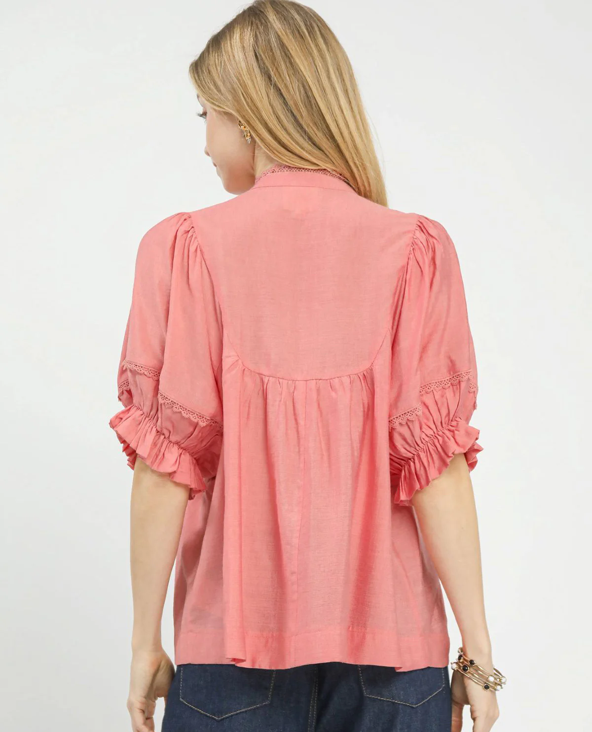 Umgee Solid Smocked Yoke Top with Ruffle Sleeves - Image 4