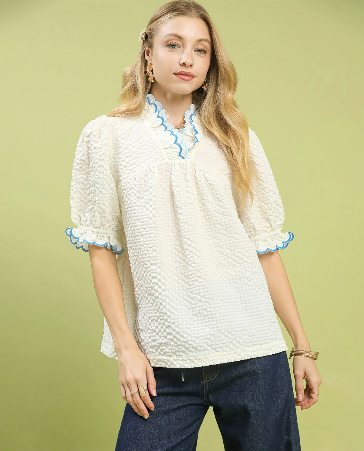 Umgee Solid Textured Puff Sleeve Blouse - Image 2