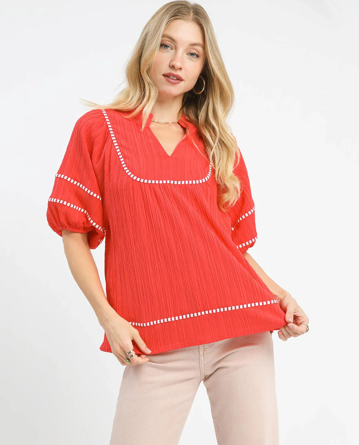 Umgee Solid Vneck Mandarin Collar Top - Image 5