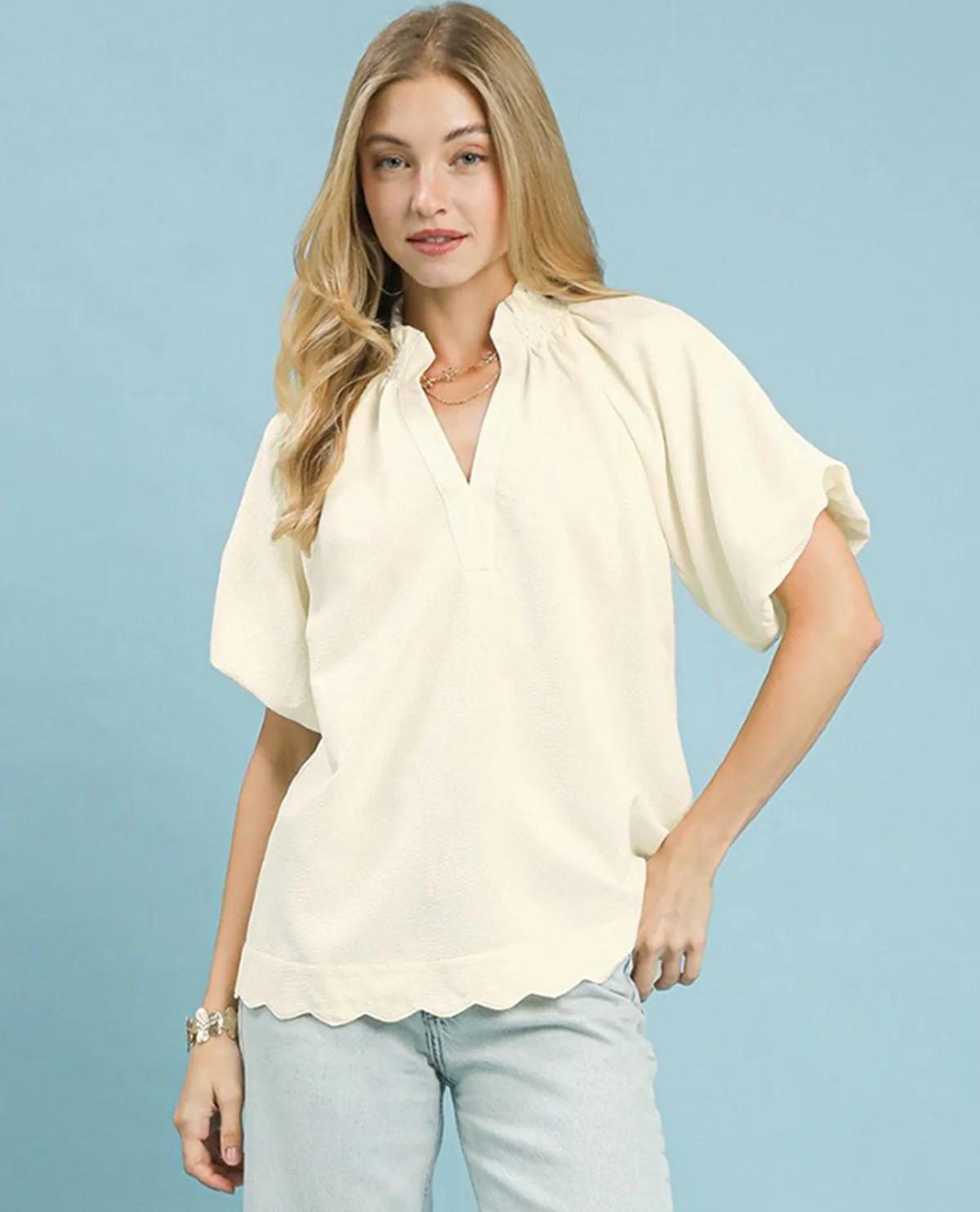Umgee Scalloped Hem Textured Blouse - Image 2