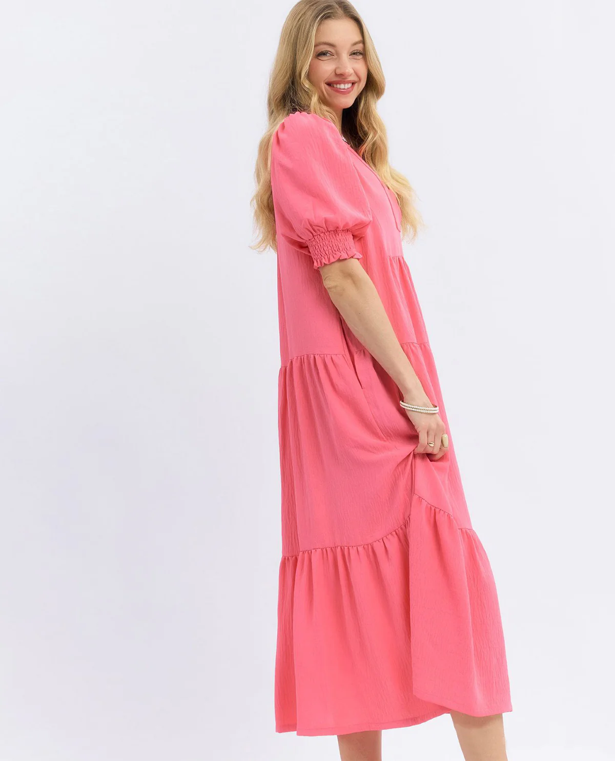 Solid V-neck Tiered Dress - Image 4
