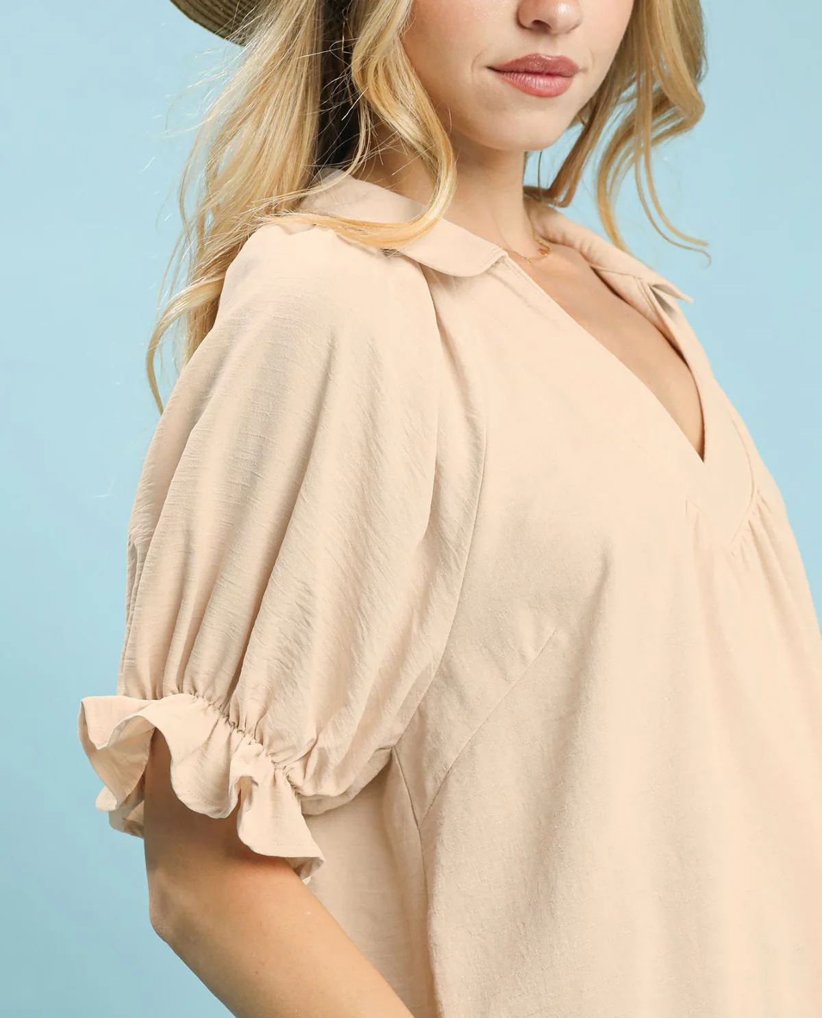 Umgee Solid V-Neck Top With Short Puff Sleeves - Image 3