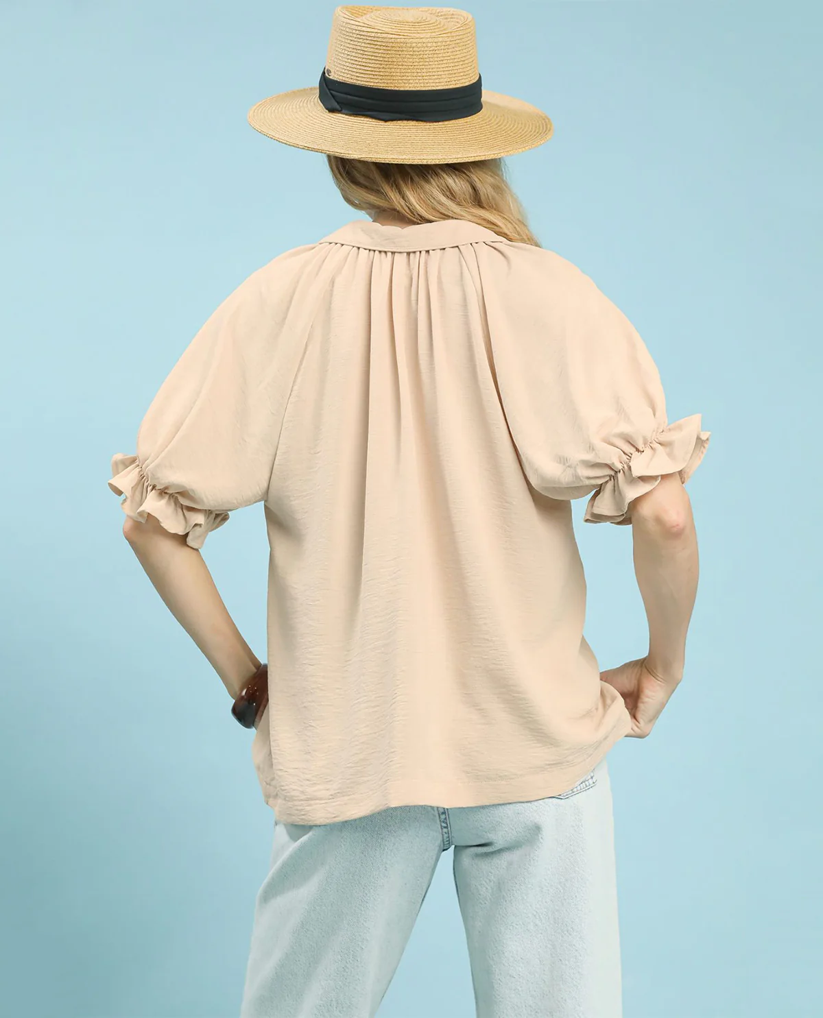 Umgee Solid V-Neck Top With Short Puff Sleeves - Image 4