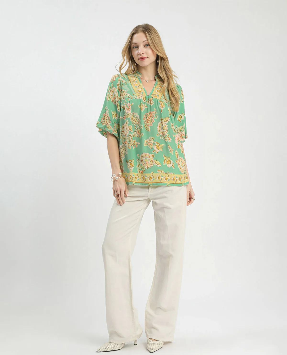 Umgee Apricot Floral Boho Top with Split Neckline and Puff Sleeves - Image 2
