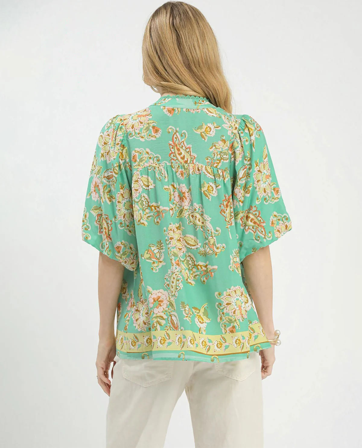 Umgee Apricot Floral Boho Top with Split Neckline and Puff Sleeves - Image 3