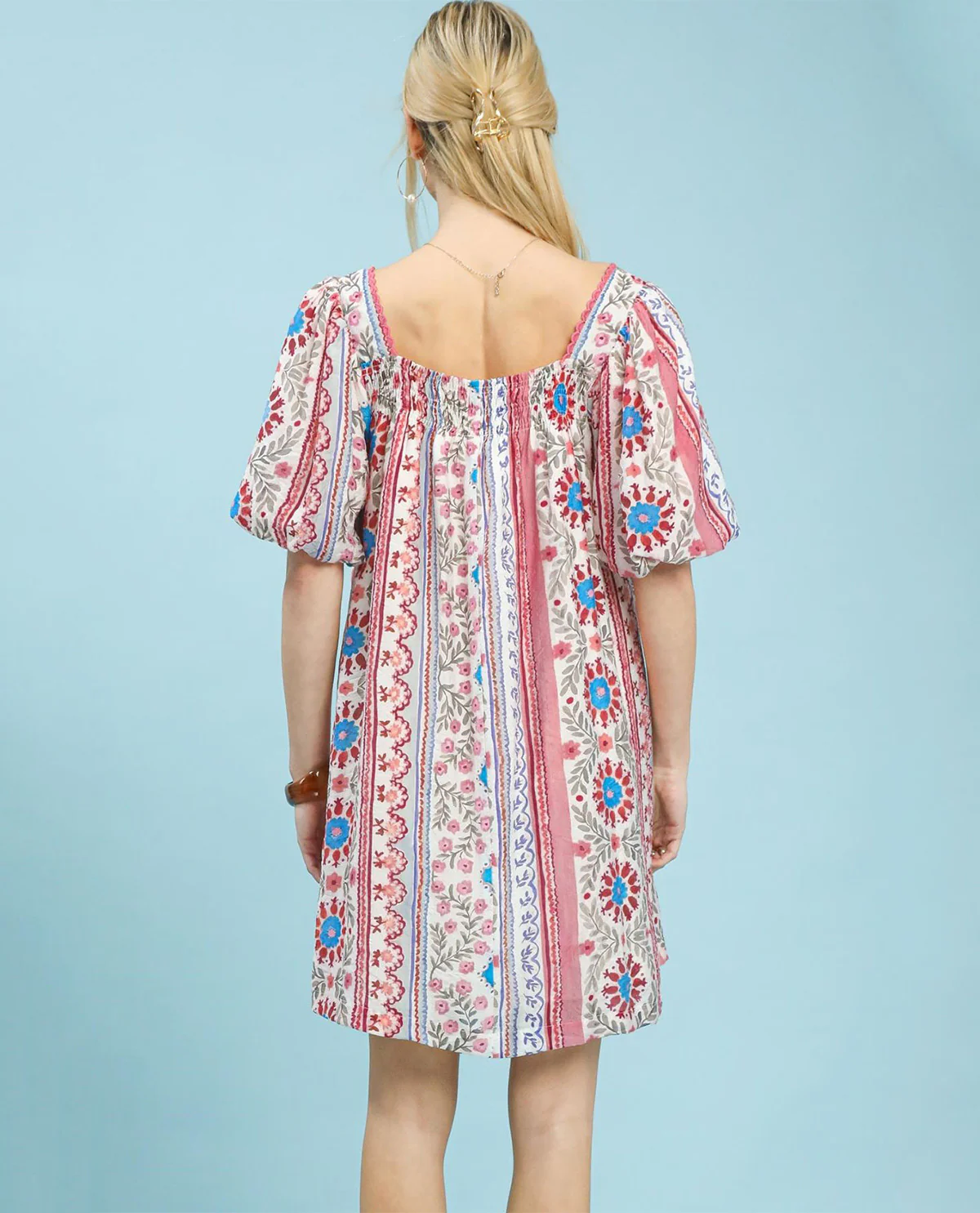 Umgee Square Neck Print Dress Blue - Image 2