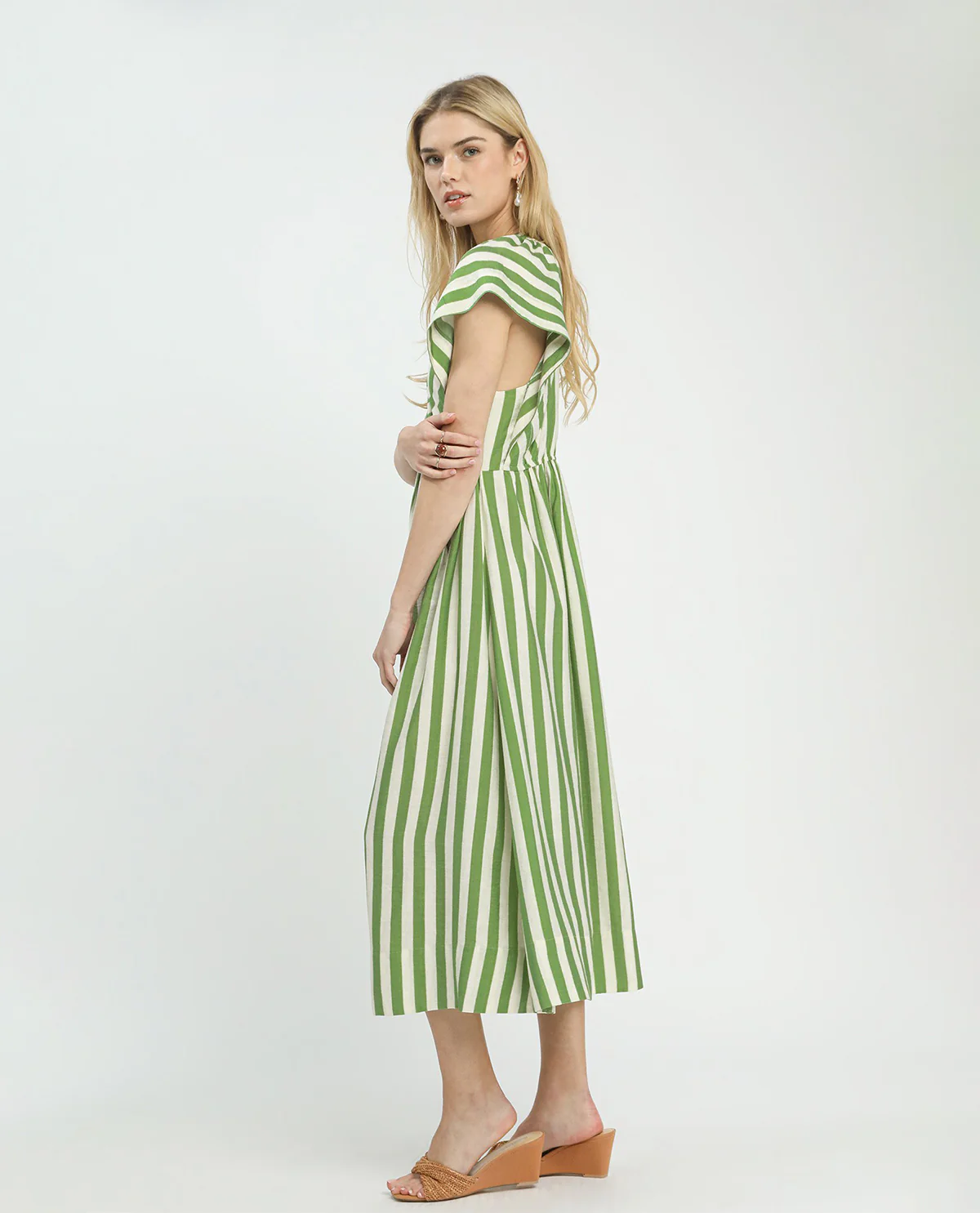 Umgee Stripe Button Front Dress Green - Image 3