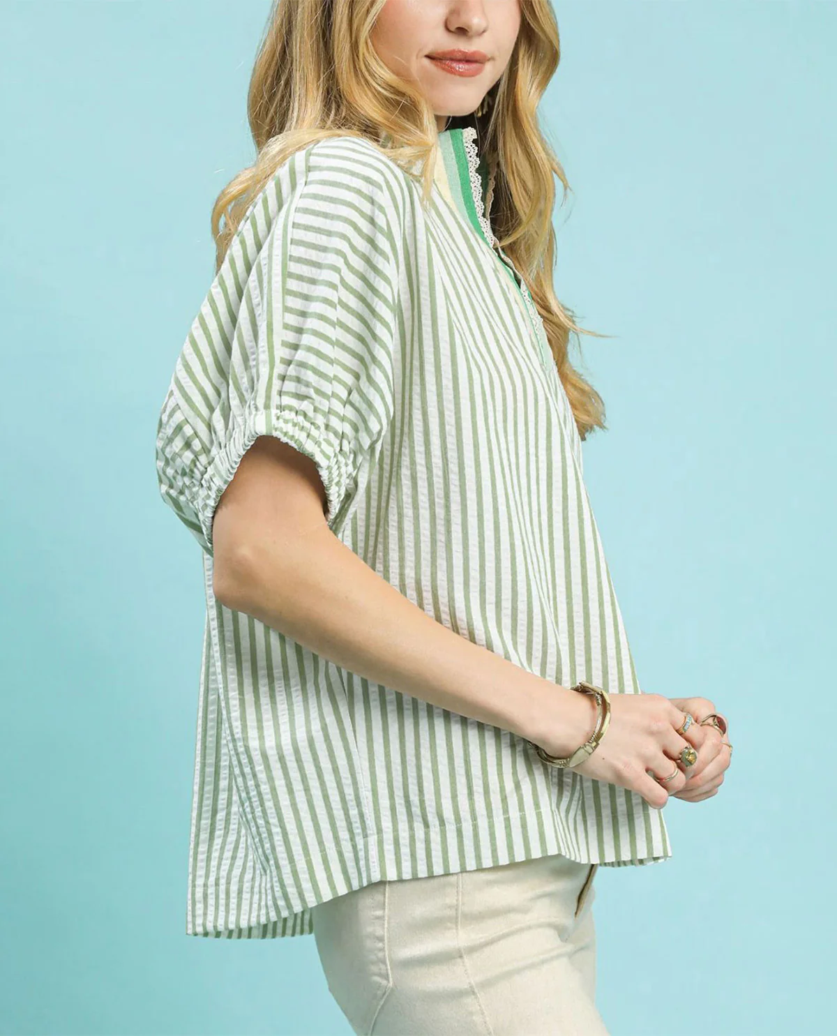 Umgee Stripe Lace Trim Pleated V-Neck Top - Image 2
