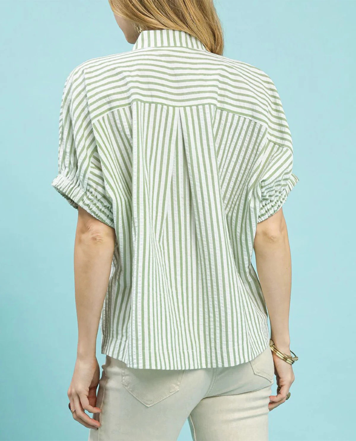 Umgee Stripe Lace Trim Pleated V-Neck Top - Image 3