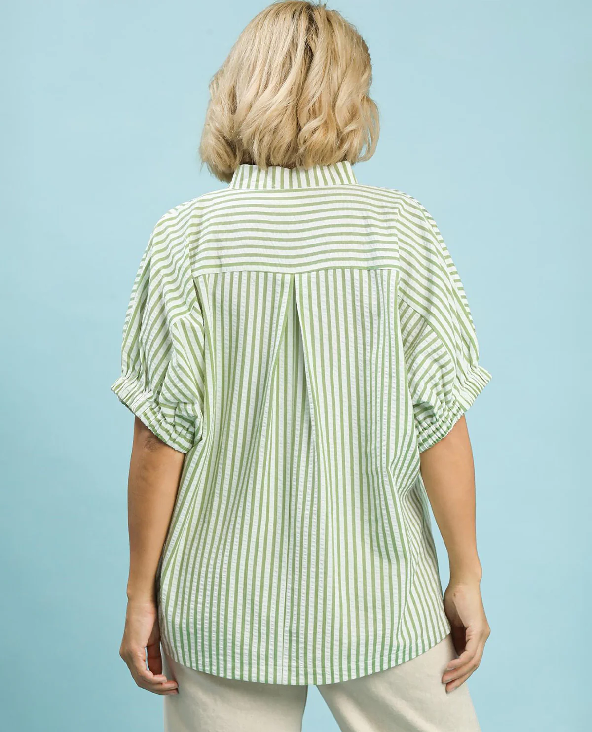 Umgee Stripe Lace Trim Pleated V-neck Top Sage - Image 2