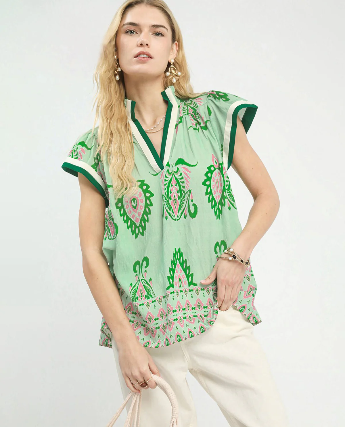 Umgee V-Neck Smocked Collar Top Green - Image 2