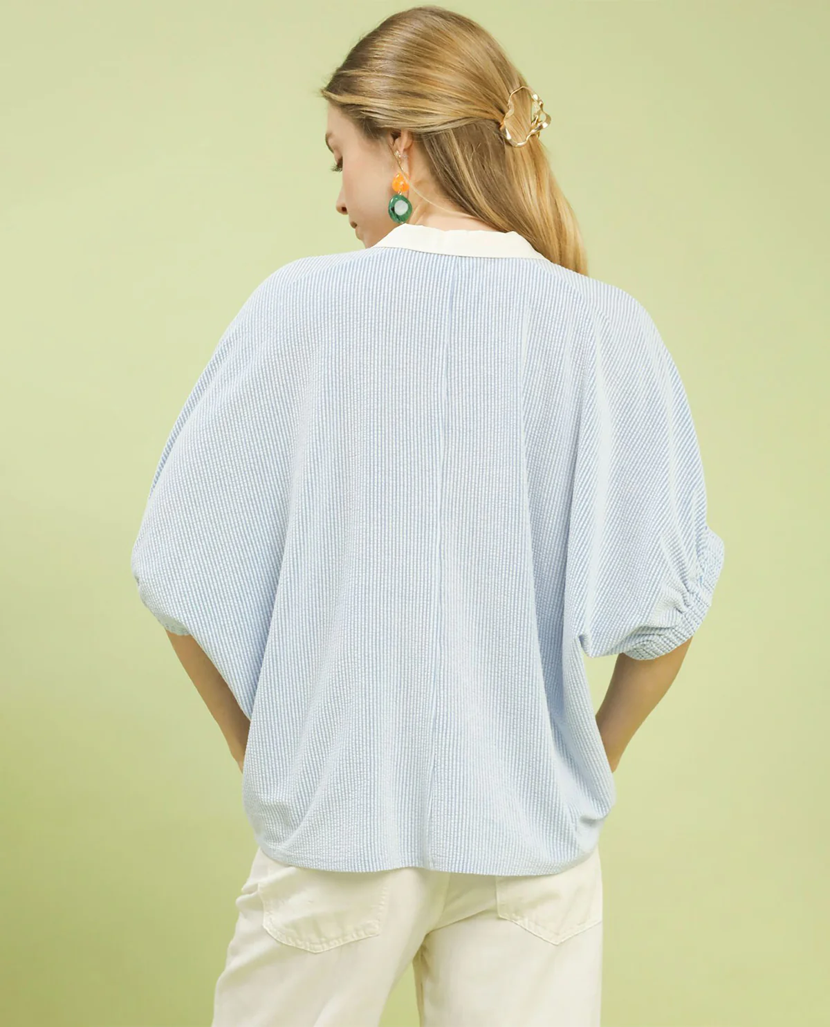 Umgee V-Neck Collar Dolman Top Blue - Image 3