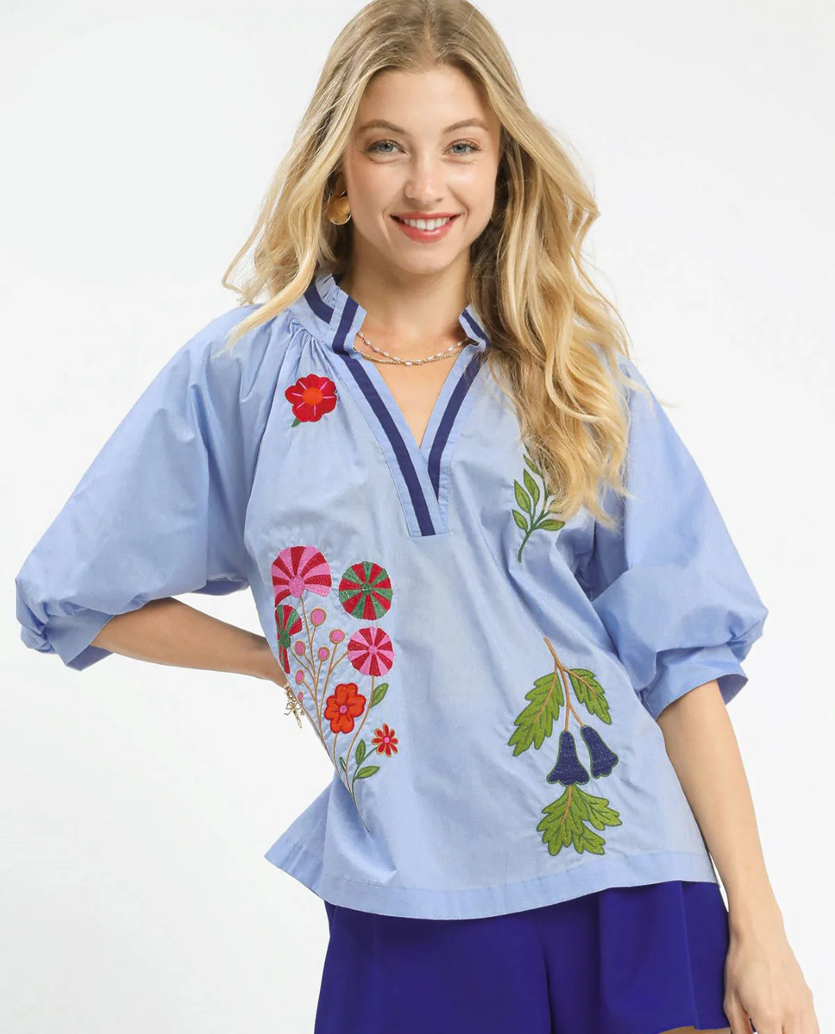 Umgee Embroidered Floral V-Neck Top