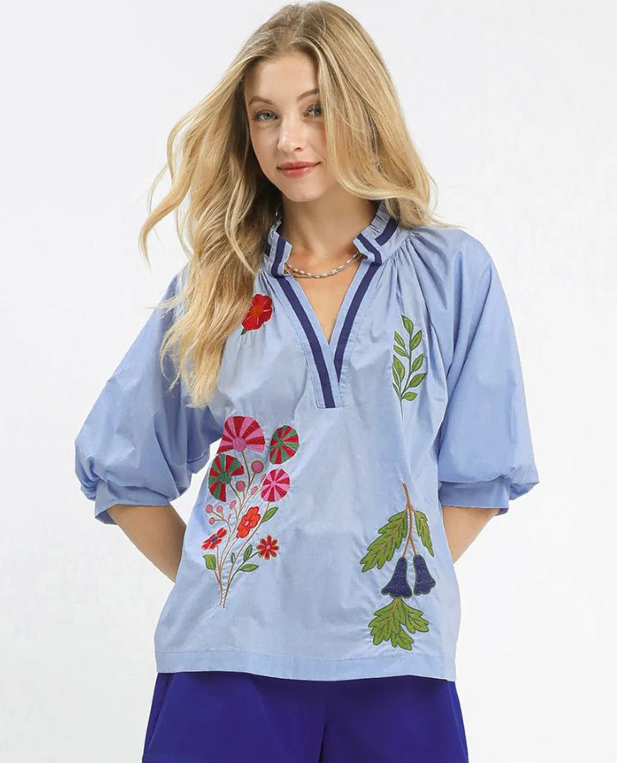 Umgee Embroidered Floral V-Neck Top - Image 2