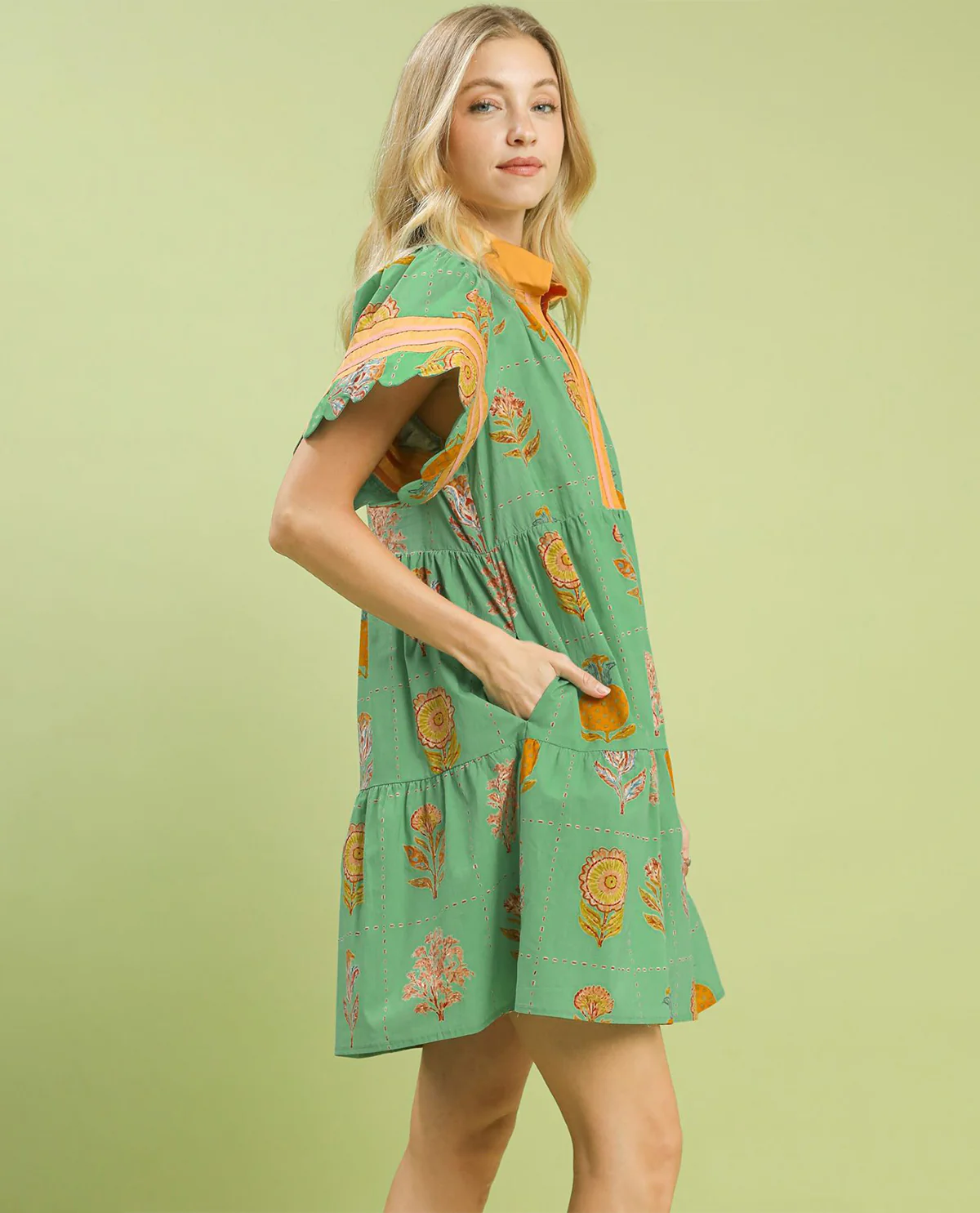 Umgee Vneck Floral Dress Green - Image 2