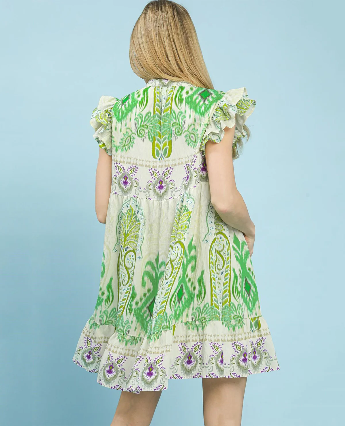 Umgee V-Neck Ruffle Tiered Dress Green - Image 3