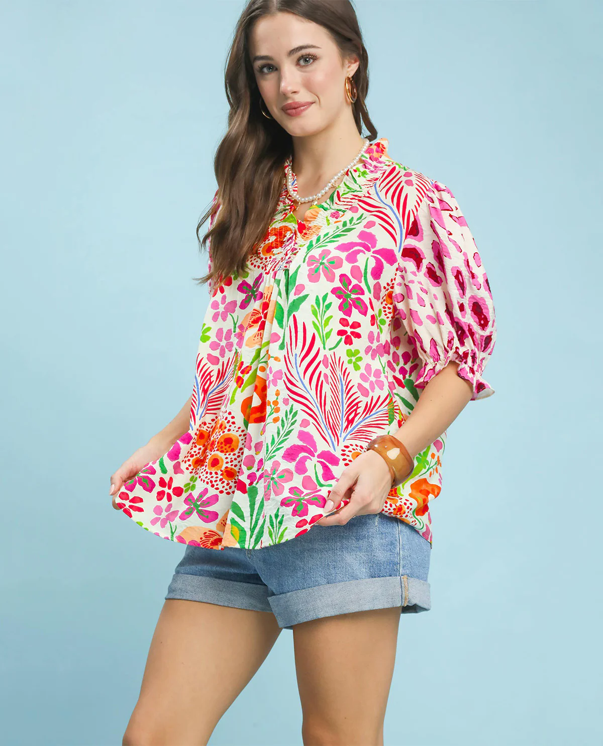 Umgee V-Neck Ruffle Trim Print Top Pink - Image 2