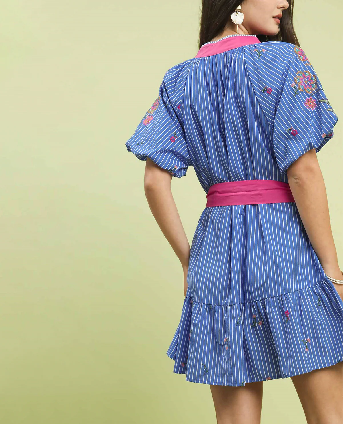 Umgee V-Neck Embroidered Stripe Dress Blue - Image 3