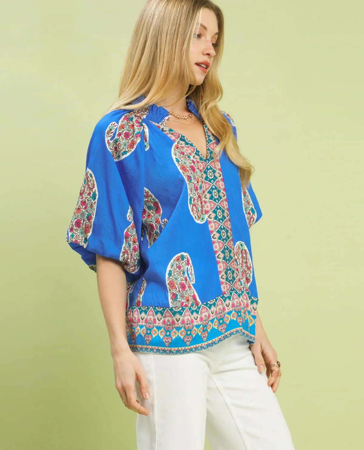 Umgee Paisley Border Print Top With Puff Sleeves Cerulean - Image 2