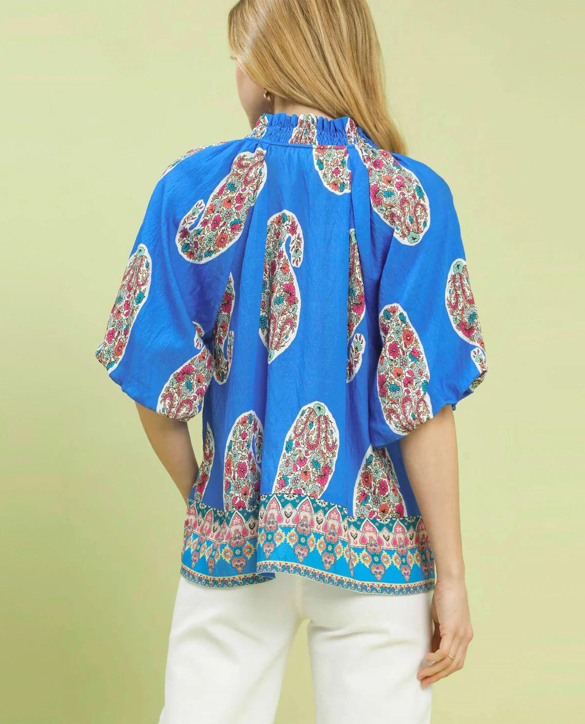 Umgee Paisley Border Print Top With Puff Sleeves Cerulean - Image 3